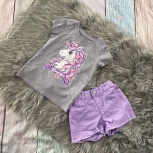 The Children’s Place Unicorn Tee and Purple Shorts Size 4T